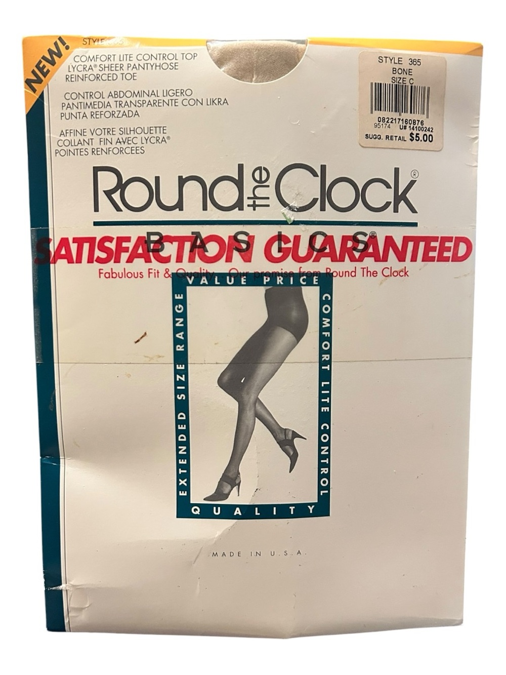 Round The Clock Control Top Pantyhose Bone Size C Reinforced Toe 365 Vintage